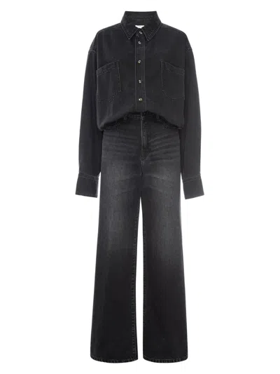 Good American Women's Denim Shirt Wide-leg Jumpsuit In Black