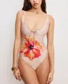 Good American Satin Deep Dive One Piece Champagne Tropical Hibiscus In Pink