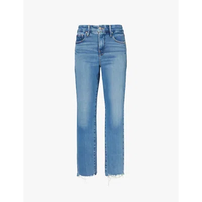 Good American Womens Indigo514 Legs Whiskering Straight-leg High-rise Denim-blend Jeans