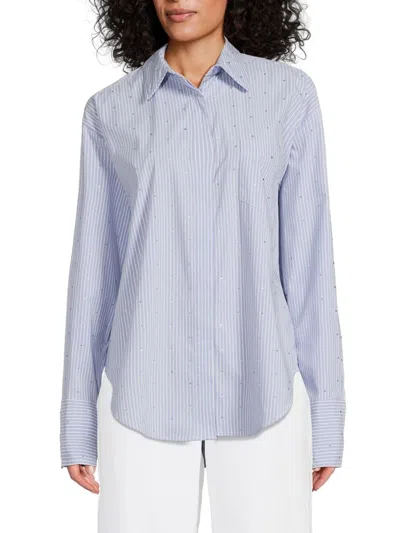 Good American Women's Rhinestone-embellished Cotton-blend Poplin Shirt In Blue