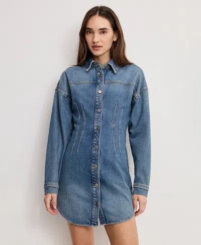 Good American Denim Wrap Shirt Dress In Indigo266 In Multi