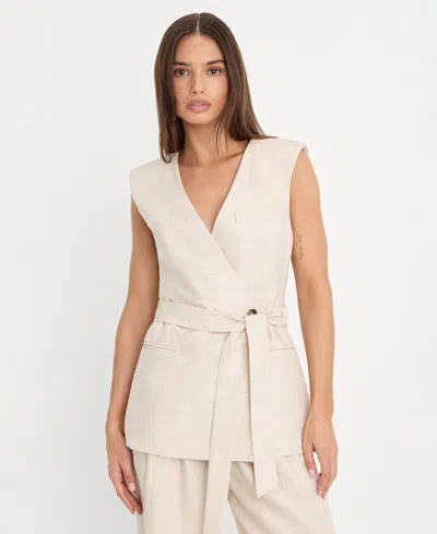 Good American Linen Blend Sleeveless Belted Vest Oat In Neutral
