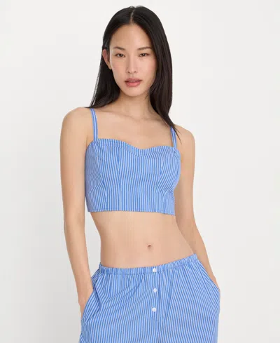Good American Stripe Crop Poplin Bustier Top In Blue
