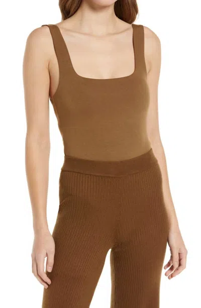 Good American Women's Square Neck Tank Bodysuit In Sepia In Brown