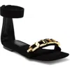 Good American Women's Square Toe Ankle Strap Sandals With Gold Chain Detail In Black In Black