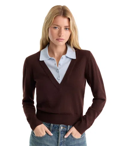 Good American The Two-in-one Merino Wool V-neck Sweater In Multi