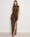Good American Ruched Velvet High Neck Maxi Dress In Brown