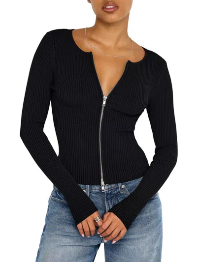 GOOD AMERICAN WOMEN'S VIRGO RIB-KNIT ZIP SWEATER