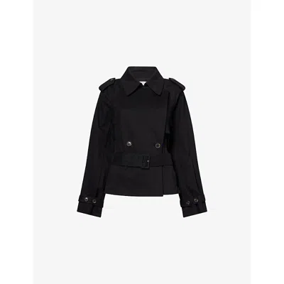 Good American Womens  Belted Cropped Cotton-blend Trench Jacket In Black