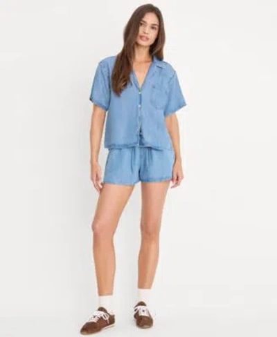 Good American Womens Collared Neck Denim Camp Shirt Pull On Denim Shorts In Blue