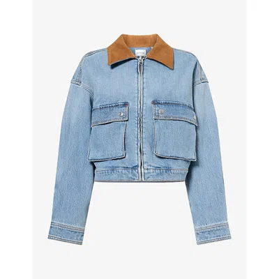 Good American Womens Contrast-collar Cropped Denim Jacket Indigo1320 In Blue