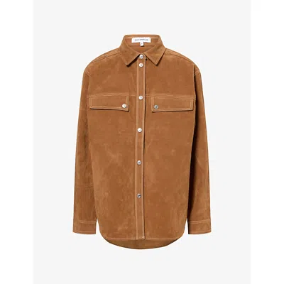 Good American Womens Contrast-stitch Suede Overshirt Cafe Clay In Brown