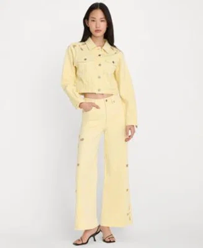 Good American Womens Essential Crop Denim Jacket Wide Leg Jeans In Yellow