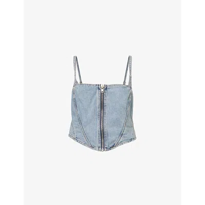 Good American Womens Cropped Shoulder-straps Denim-blend Top Indigo762