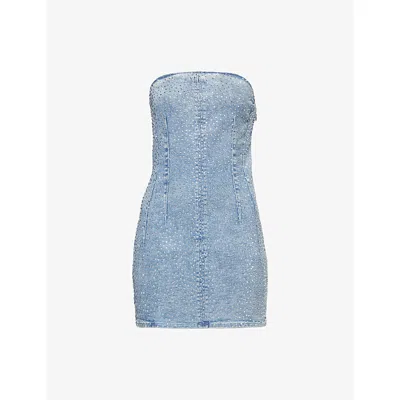GOOD AMERICAN WOMENS INDIGO985 CRYSTAL STRAPLESS STRETCH-DENIM BLEND MINI DRESS