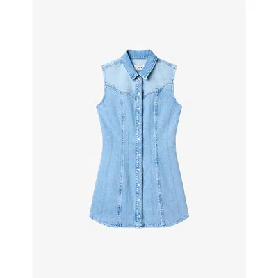 Good American Womens Light Blue Dolly's Joleans Sleeveless Collared Denim Mini Dress
