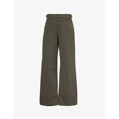 Good American Womens Good Ease Flared Wide-leg Mid-rise Cotton-blend Trousers Fatigue001