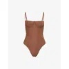 Good American Mesh Bustier Thong Bodysuit Saddlewood In Brown