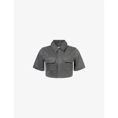 Good American Womens Suiting Pinstripe001 Soft Stretch Ponte Pinstripe Stretch-woven Crop Top