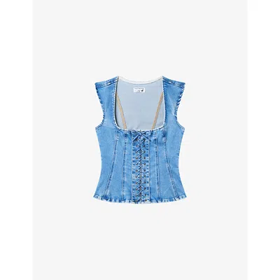 Good American Womens Indigo1090 Dolly's Joleans Lace-up Stretch-denim Peplum Top In Blue