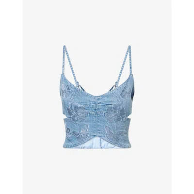 Good American Womens Indigo1201 Dolly Butterfly Embroidered Cotton Denim Top In Blue
