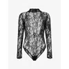 Good American Womens Long-sleeves Mock-neck Lace Bodysuit Black001 In Black