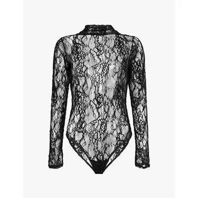 GOOD AMERICAN WOMENS BLACK001 LONG-SLEEVES MOCK-NECK LACE BODYSUIT