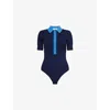 Good American Womens Midnight002 Cable-knit Polo-collar Knitted Bodysuit Xs In Blue