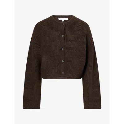 Good American Womens Shrunken Crewneck Cable-knit Cardigan Espresso