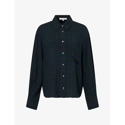 Good American Womens The Crinkle Check Woven Shirt Forest Plaid Xs In Blue