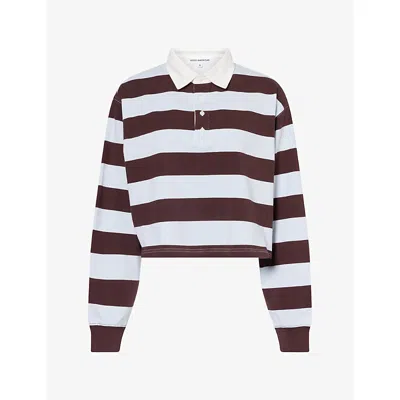 Good American Womens The Cropped Rugby Cotton-jersey Polo Shirt Espresso Sky Stripe
