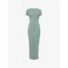 Good American Womens  Ribbed Short-sleeves Stretch-woven Maxi Dre In Washed Fatigue Green001