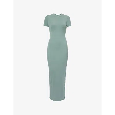 Good American Womens  Ribbed Short-sleeves Stretch-woven Maxi Dre In Washed Fatigue Green001