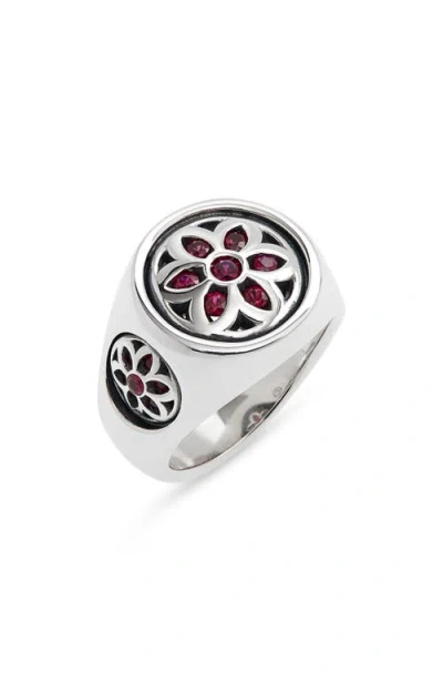 Good Art Hlywd Small Club Ruby Flower Signet Ring In Silver