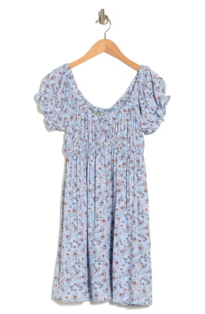 Good Luck Gem Floral Babydoll Dress In Light Blue