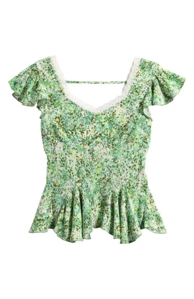 Good Luck Girl Kids' Floral Flutter Sleeve Godet Top In Green