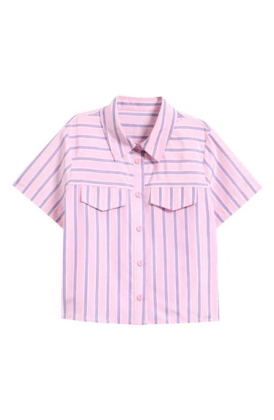 Good Luck Girl Kids' Meet & Greet Stripe Button-up Shirt In Pink/purple
