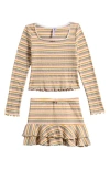 Good Luck Girl Kids' Stripe Knit Top & Ruffled Skirt Set In Neutral