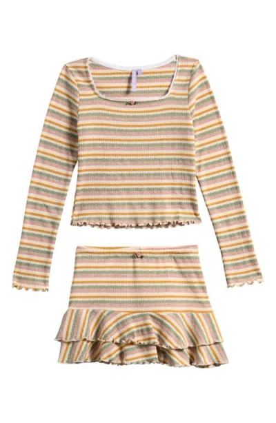 Good Luck Girl Kids' Stripe Knit Top & Ruffled Skirt Set In Pink/sage Stripe