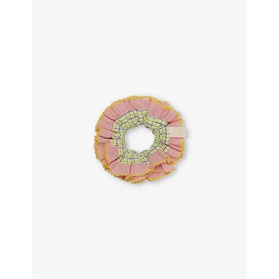 Good Squish Womens  Curious Kids Check-pattern Cotton Hair Scrunchie In Yellow Green