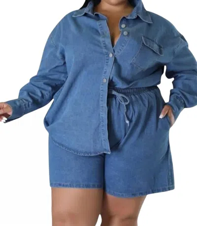 Good Time Usa Long Sleeve Short Set In Denim In Blue