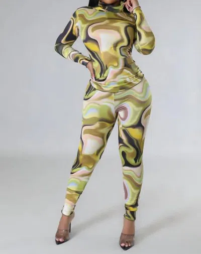 Good Time Usa Venechia Print Turtle Neck Long Sleeve Top And Pants In Multi Yellow In Gold