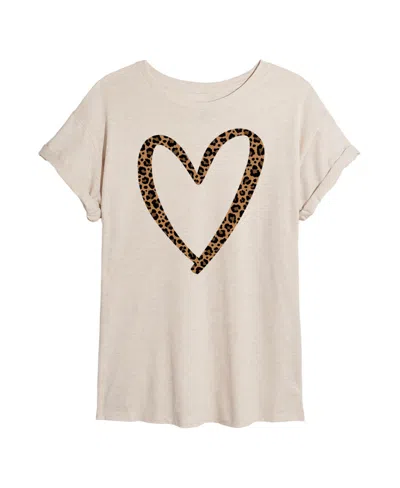 Good Vibes Llc Hybrid Apparel Trendy Juniors Leopard Heart Graphic Oversized Tee In Beige,khaki