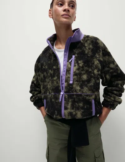 Goodmove Borg Zip Up Printed Funnel Neck Fleece Jacket In Green
