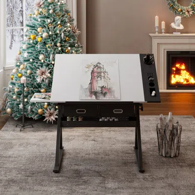 Goodsilo Adjustable Drafting Table With Storage And Stool In Black