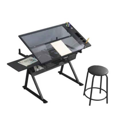 Goodsilo Adjustable Tempered Glass Drafting Printing Table In Black