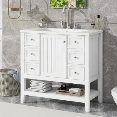 Goodsilo Bathroom Vanity With Ceramic Sink, Storage Cabinet,three Drawers -solid Wood & Mdf Construction In White