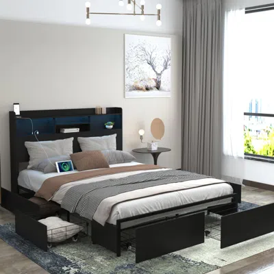 Goodsilo Full Bed Frame With Storage Drawers, Headboard And Charging Ports In Black