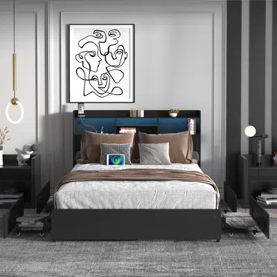 Goodsilo Full Size Bed Frame With Headboard And Built-in Storage Compartments In Black