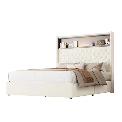 Goodsilo Full Size Platform Bed Frame With Headboard And Added Functional Features In Neutral